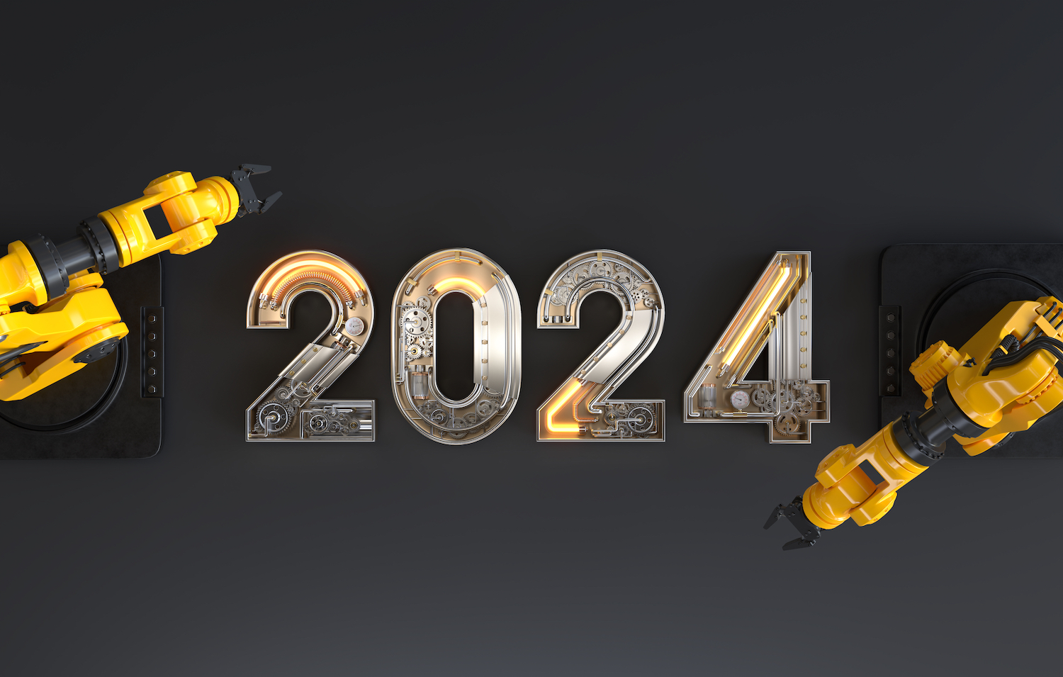 New year 2024 made from the mechanical alphabet with gear. 3D illustration